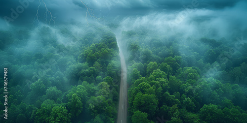An aerial view captures a dramatic storm with lightning over a lush forest, with a road cutting through the misty landscape..