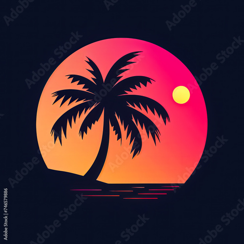 logo avec palmier en contre-jour sur fond orang   dans le style ann  es 80