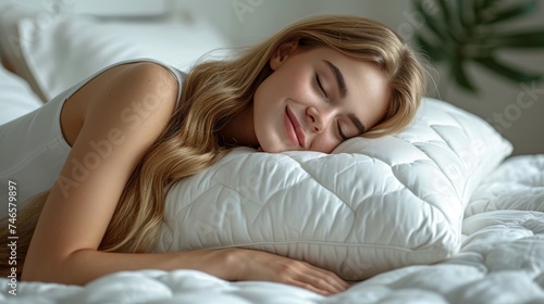 Generative AI image of photo of a smiling wonderful blond girl embracing her white big pillow, side view before sleeping, Lying in the bed, facing forward. White background