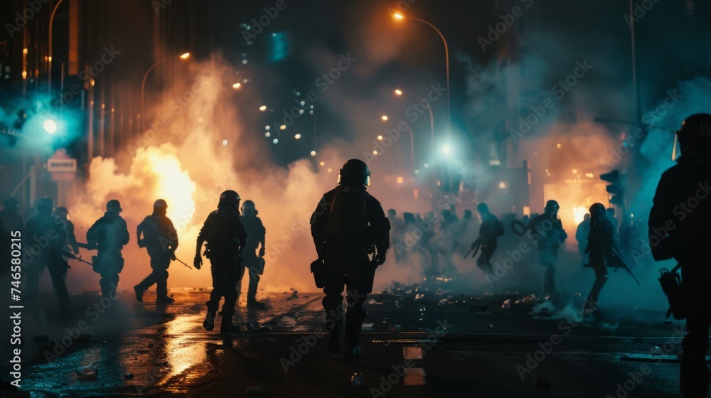 Riots in night city - obrazy, fototapety, plakaty 