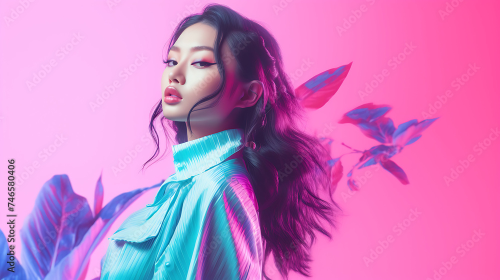 Young beautiful asian woman isolated on vaporwave background Young beautiful asian woman isolated on vaporwave background