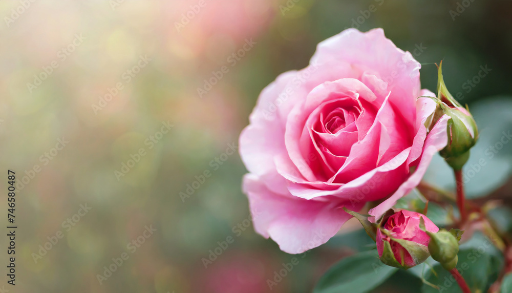 Horizontal banner with pink rose on blurred background. Beautiful nature. Horizontal banner with pink rose on blurred background. Beautiful nature.