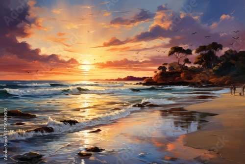 Painting of a Sunset on a Beach Generative AI