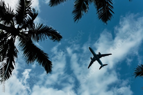 Airplane against bright sky and palm trees 