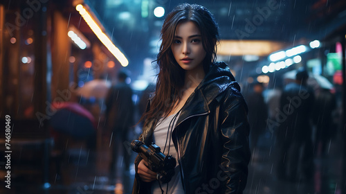 Beautiful Asian woman with model looks, taking photographs on cyberpunk streets.