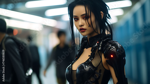 Beautiful Asian woman with model looks, taking part in a cyberpunk cosplay festival.