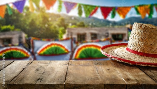 Empty wooden tabl mockup with blurred Cinco de Mayo background photo