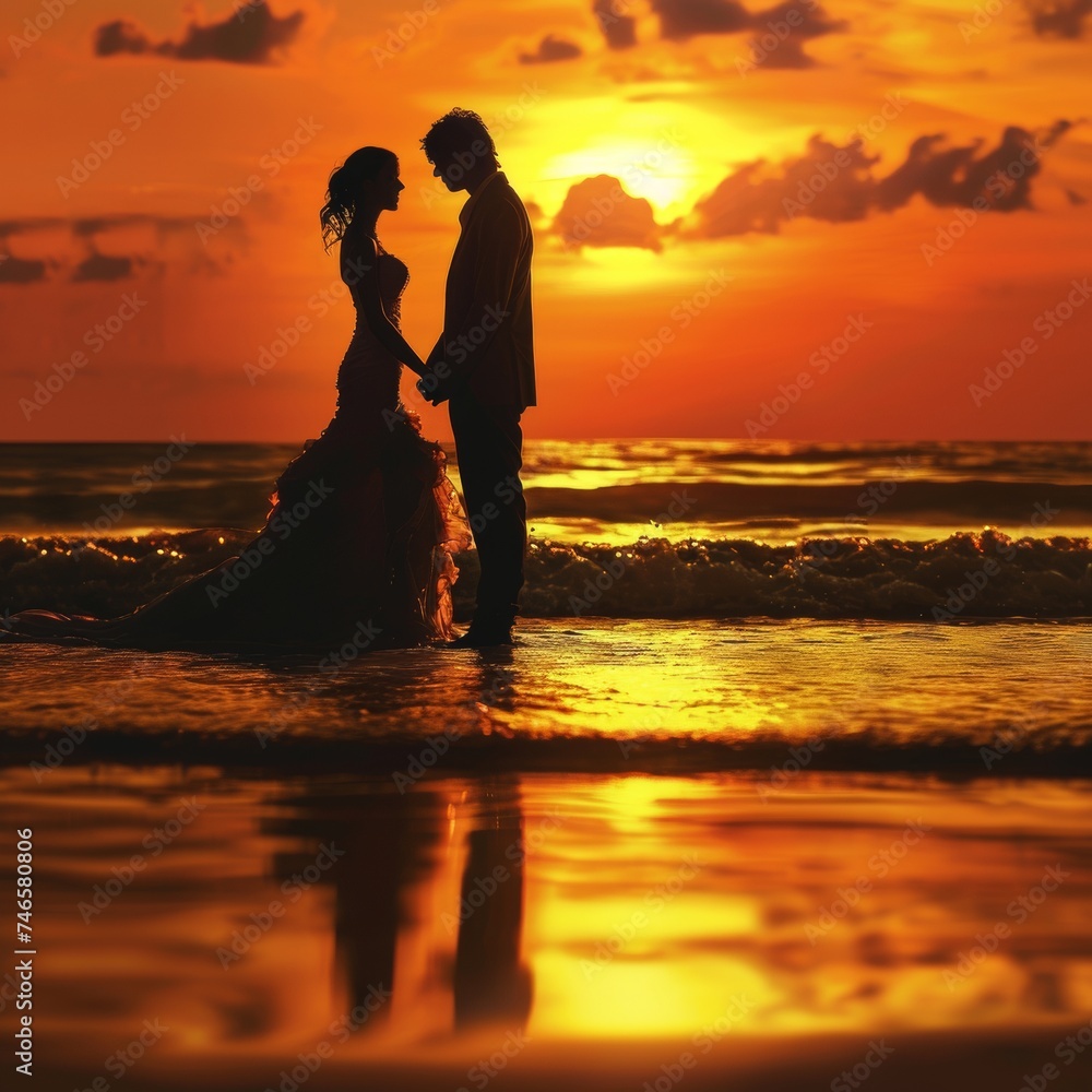 Generative AI image of romantic sunset scene with a newlywed couple silhouetted against a vibrant orange sky. They are standing on a beach, holding hands, with gentle waves rolling in the background. 