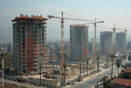 City with construction cranes towering overhead, symbolizing the rising costs of construction materials and housing, exacerbating affordability issues and contributing to inflationary pressures