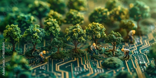 Interconnection of Nature and Technology. Macro View of Green Circuitry Amidst the Digital Landscape. Examining the Intricacies of Electronic Hardware and Circuit Boards