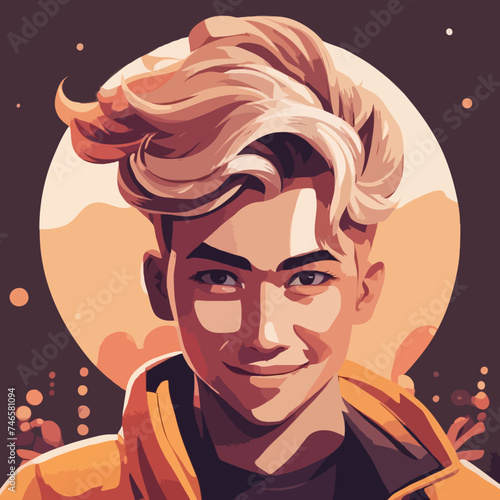 Ein lächelnder Junge in brauntönen mit Locken. trendiger Hintergrund für Tapeten, Poster, Karten, Einladungen, Websites. Vektor.