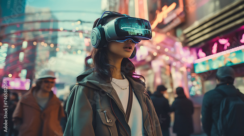 Beautiful Asian woman with model looks, interacting with virtual reality in a cyberpunk park. © Dennis
