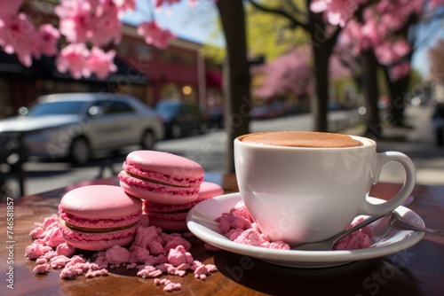 Vibrant macaron cookies and steaming coffee on a bustling city cafes table