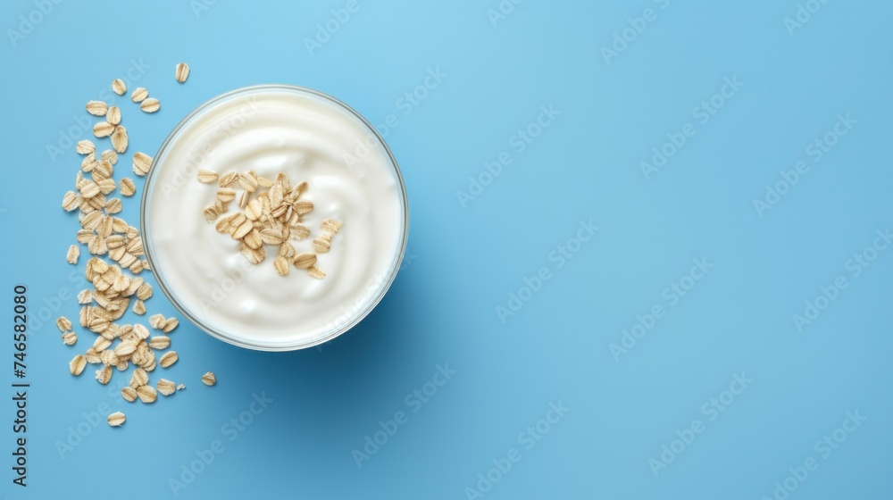 Yogurt served with dry oatmeal on a blue background Yogurt served with dry oatmeal on a blue background