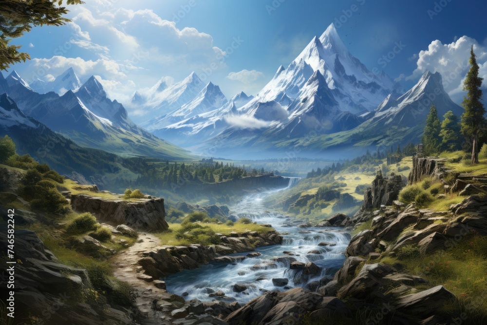 Mountain Scene With Stream Painting Generative AI