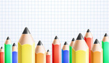 School colored pencils row on checkered paper background, vector illustration