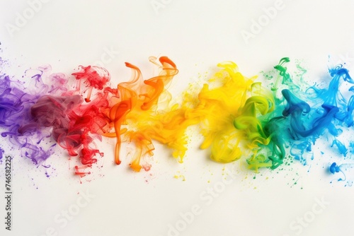 A vibrant spectrum of colored smoke arcs elegantly against a warm, luminous backdrop, creating a dynamic visual display.