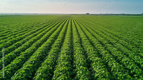 View of a vast soybean farm agricultural field with a blue sky background.