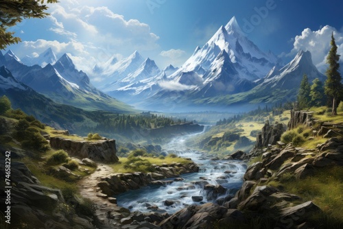 Mountain Scene With Stream Painting Generative AI