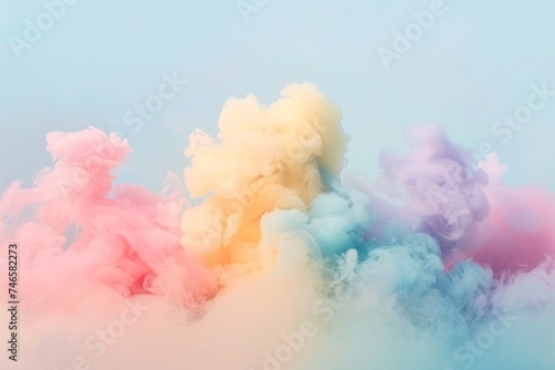 A burst of multi-colored smoke creates a vibrant cloud against a soft, pastel background.