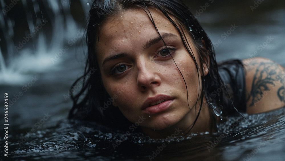cute girl swims in the water near a waterfall, wet hair