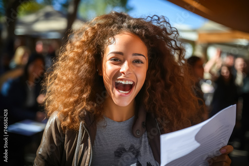 Excited happy African American girl feels like a winner, rejoices in victory, gets a new job, female student gets good results in exam