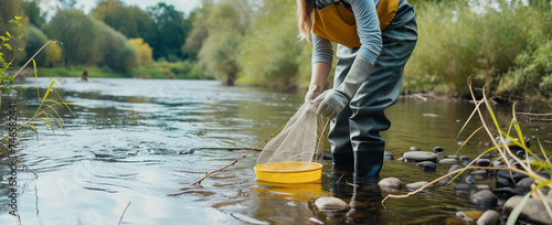 A female scientist takes a water sample to observe aquatic life in river, promoting research and environmental conservation. World Earth and Water Day photo