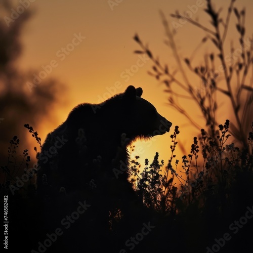 Generative AI image of The silhouette of a bear at dawn