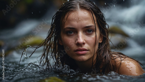 cute girl swims in the water near a waterfall, wet hair © woodbe