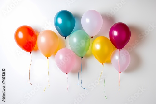 An overhead shot presenting a collection of birthday balloons in vibrant colors  arranged neatly on a white surface  providing ample copy space.