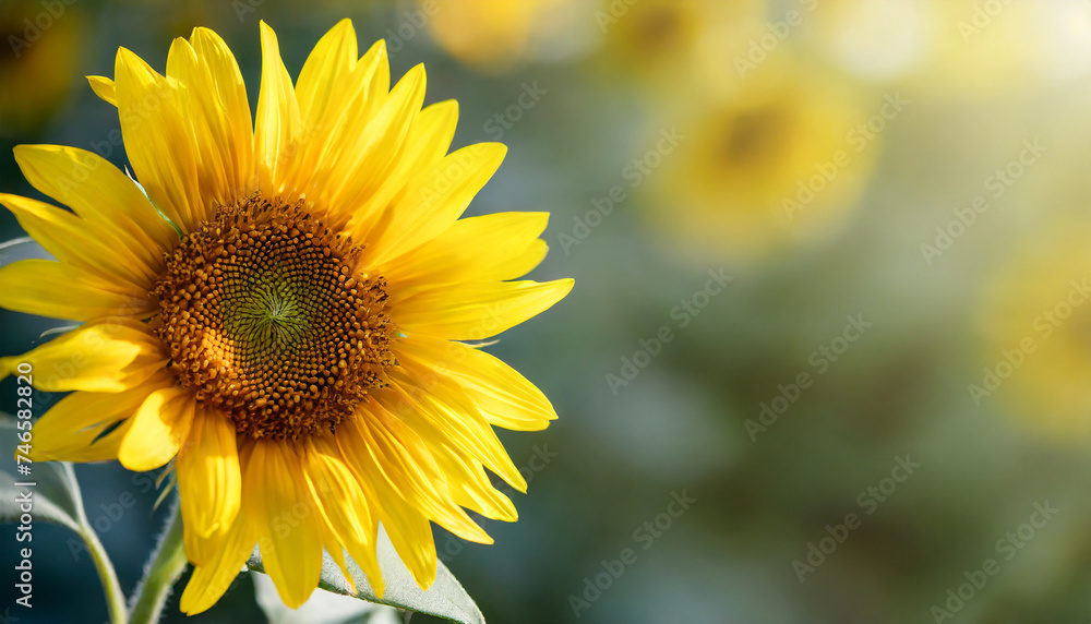 Horizontal banner with bright yellow sunflower on blurred background. Beautiful nature. Horizontal banner with bright yellow sunflower on blurred background. Beautiful nature.