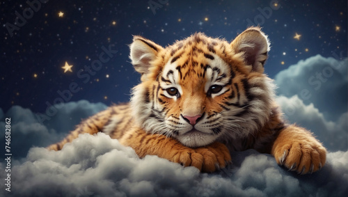 tiger sleeps in the clouds, drawing for children's