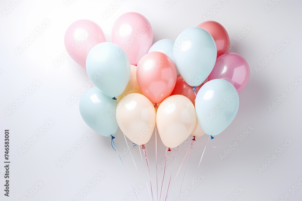 An overhead shot presenting a collection of birthday balloons in delicate pastel shades, arranged neatly on a white surface, allowing for personalized text.