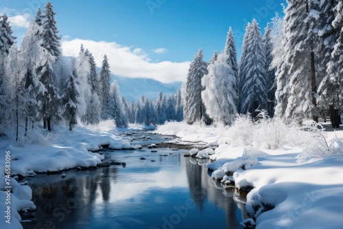 River Flowing Through Snow-Covered Forest Generative AI