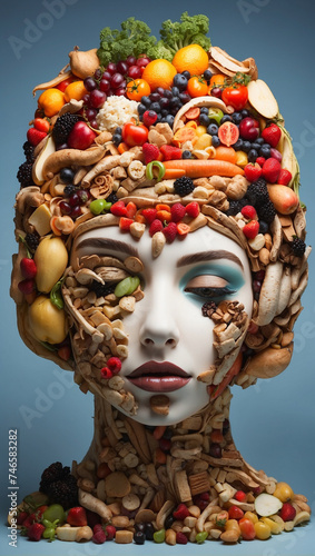 We are what we eat. Healthy eating. The portrait of a girl is made of food. Diet. Healthy foods