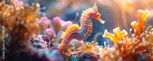 Enchanting Seahorses in the Underwater Realm: Exploring the Wonders of Marine Life. Amidst the Vibrant Coral Reefs and Turquoise Waters