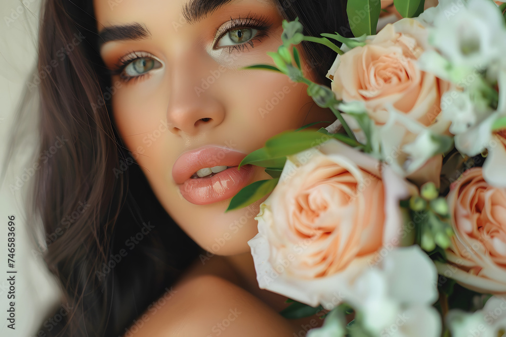 attractive and Beautiful white girl with flowers. Stunning brunette girl with big bouquet flowers of roses. Closeup face of young beautiful woman with a healthy clean skin. Pretty woman with bright ma attractive and Beautiful white girl with flowers. Stunning brunette girl with big bouquet flowers of roses. Closeup face of young beautiful woman with a healthy clean skin. Pretty woman with bright ma
