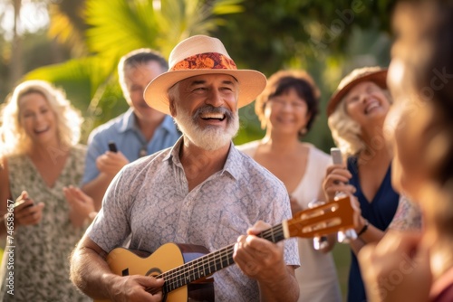 A middle-aged group listens to a bearded man play the ukulele and sing during a joyful, outdoor celebration.
