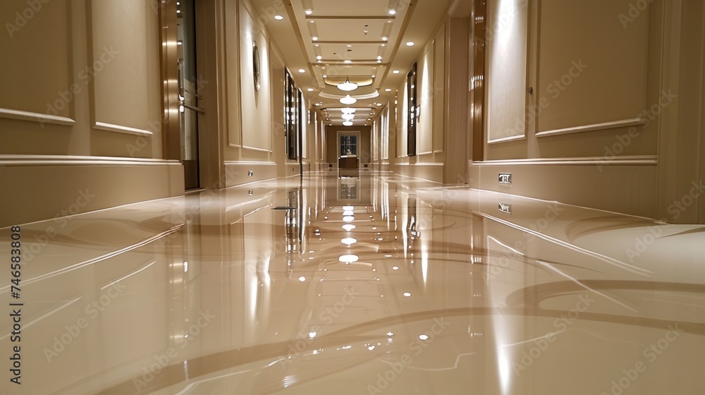 Obraz premium A pristine epoxy floor reflects the elegant lights and furnishings of a luxurious hotel hallway, enhancing the opulence of the setting