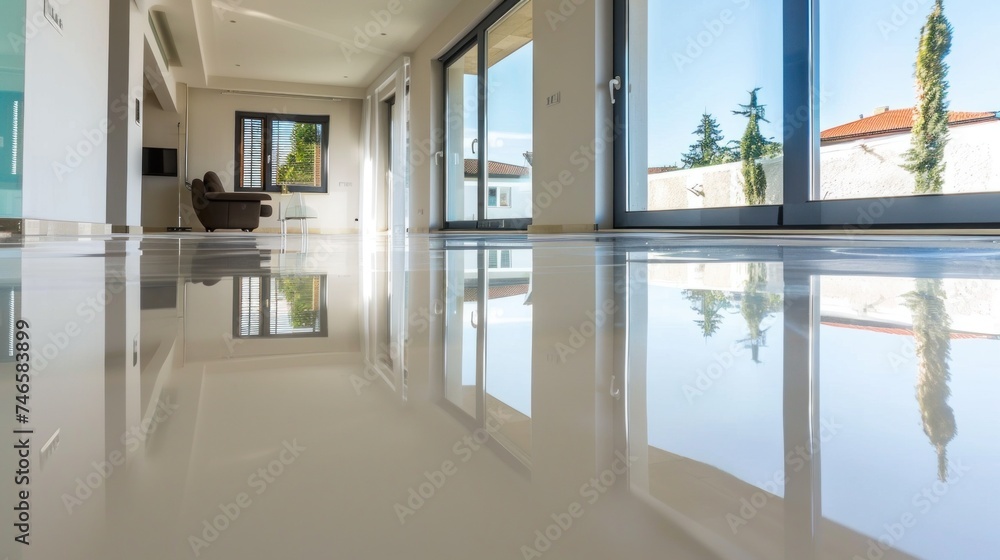 Modern apartment with shiny white epoxy floor and open plan design Modern apartment with shiny white epoxy floor and open plan design