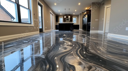 A sleek blue epoxy floor reflects the lighting in a modern office corridor, highlighting its clean, polished appearance and professional environment.