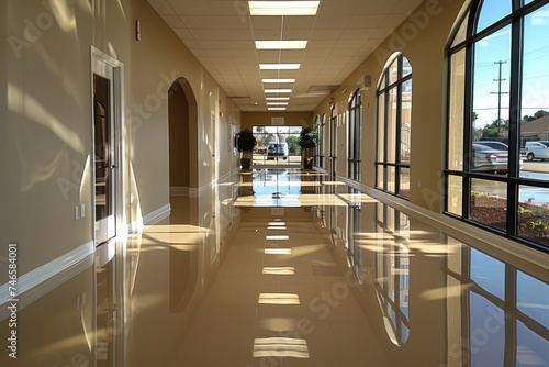 A sleek, reflective epoxy floor elevates the interior of a contemporary office space, showcasing a polished look with natural light