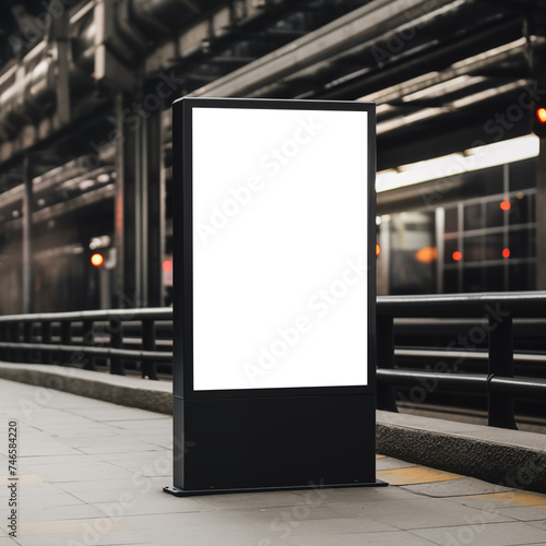 Blank black mupi billboard mockup on railway station background