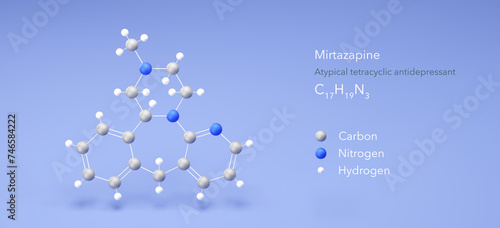 Fototapeta Naklejka Na Ścianę i Meble -  mirtazapine molecule, molecular structures, atypical tetracyclic antidepressant, 3d model, Structural Chemical Formula and Atoms with Color Coding