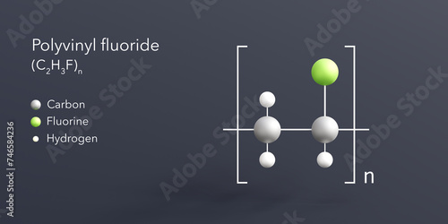 polyvinyl fluoride molecule 3d rendering, flat molecular structure with chemical formula and atoms color coding photo