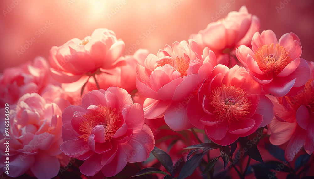 Pink peonies in garden on background with light and bokeh. Waiting for spring, floral banner. Greeting card, Valentines day, 8 march, Womens day, Mothers day, close up, toning