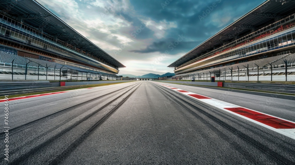 International race track. Arena race track Empty field with grandstand, starting point