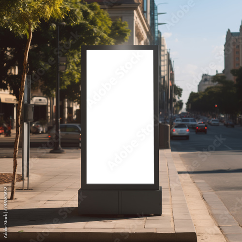 Blank billboard mockup on sidewalk with building and city road background