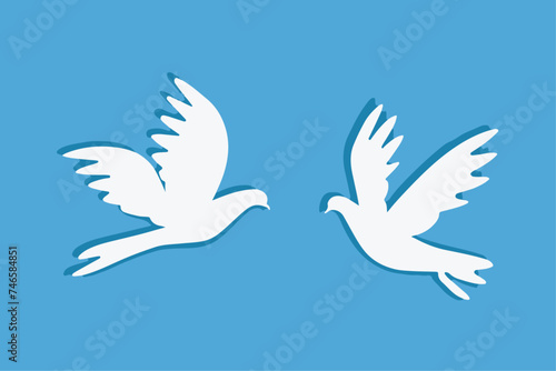 two white doves on blue sky background, simple papercut vector © Kresimir