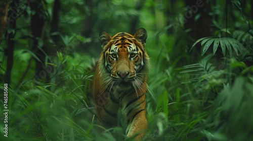 Unleashing the Majesty: A Tiger's Stare Pierces Through the Heart of the Jungle. With Its Striking Stripes and Powerful Presence © Thares2020
